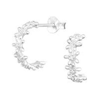 Silver Flower Half Hoop Stud Earrings CZ Crystal